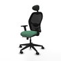 Silla de oficina Alocén con mecanismo Sincro/Traslack tapizada con Tela color Verde esmeralda y malla color Negro. Equipada con lumbar 1D, Brazos 2D, Cabecero Fijo y Ruedas 65mm nailon