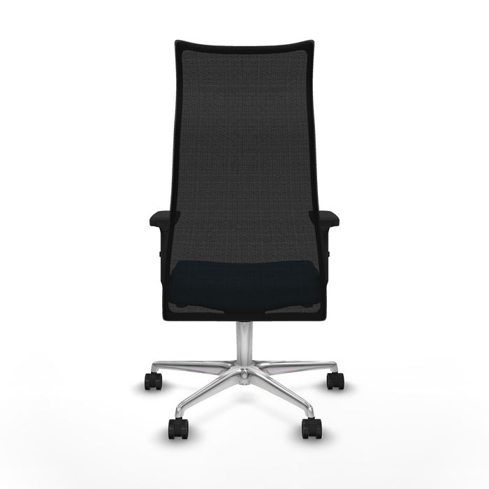 Sillón Albacete con mecanismo Sincro tapizada con Tela color Verde petróleo y malla color Negro. Equipado con Base aluminio, Brazos 2D y Ruedas 65mm nailon