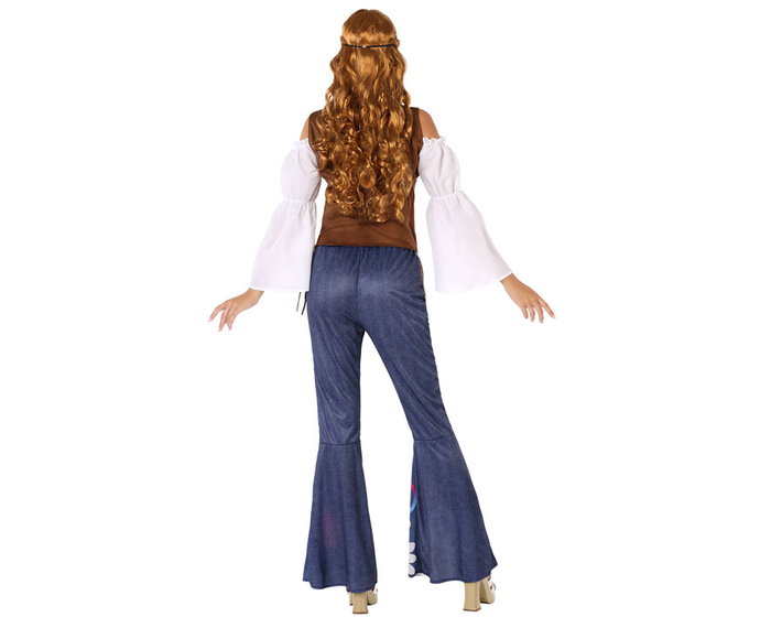 Disfraz Hippie Mujer Adulto M-L Camiseta Pantalón Campana Años 60 Flower Power