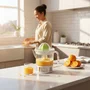 Haeger Perfect Juice Exprimidor de Cítricos Eléctrico 25W 0.7L con Filtro Ajustable y Rotación Bidireccional, 2 Conos, Blanco, Plata, Verde