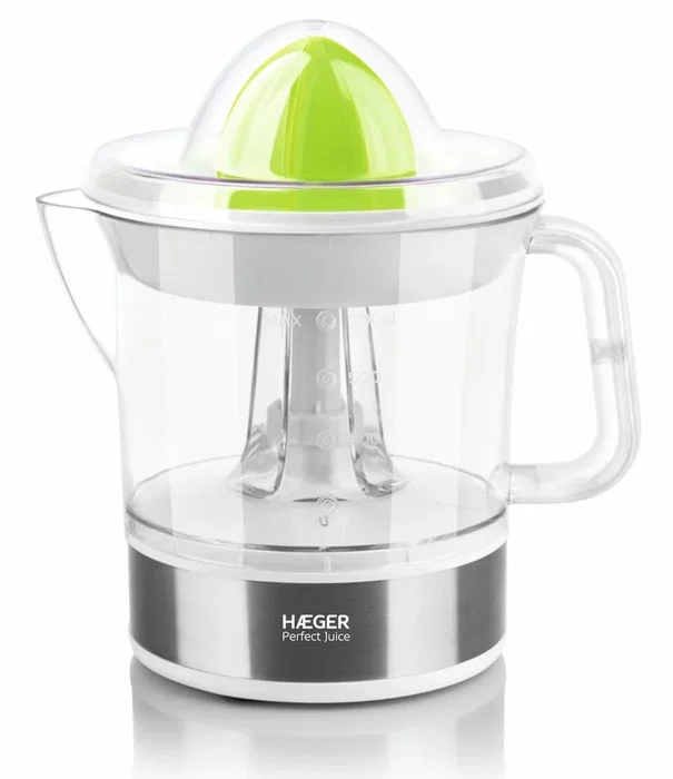 Haeger Perfect Juice Exprimidor de Cítricos Eléctrico 25W 0.7L con Filtro Ajustable y Rotación Bidireccional, 2 Conos, Blanco, Plata, Verde
