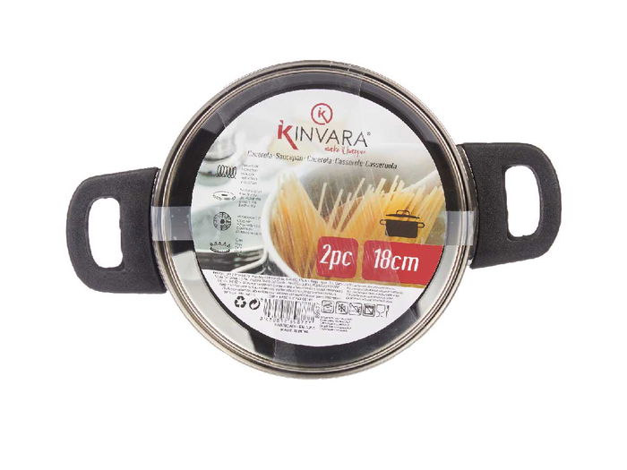 Kinvara Cacerola Inducción 18 cm con Tapa de Cristal para Cocina, Acero Inoxidable, 1.8L (Set de 6)