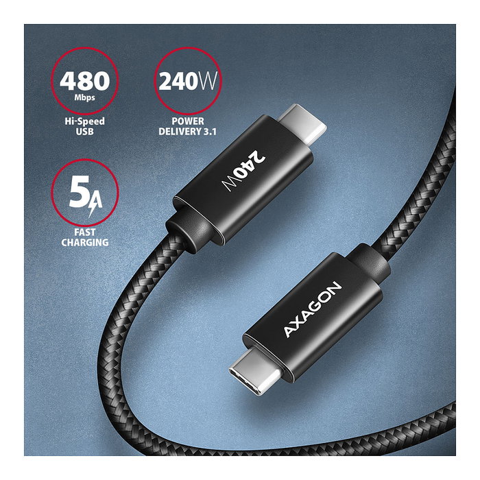 Axagon BUCM2-CM15AB Cable de carga USB-C a USB-C 2.0, 1,5 m, 240 W, Negro Axagon BUCM2-CM15AB Cable de carga USB-C a USB-C 2.0, 1,5 m, 240 W, Negro