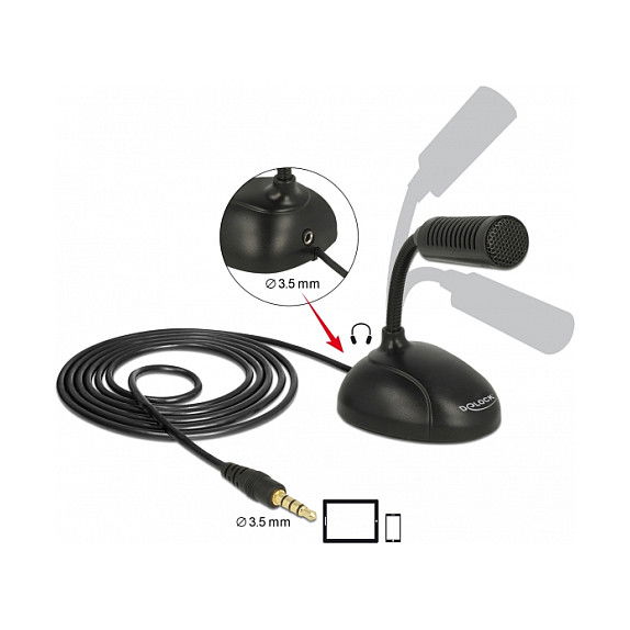 DeLOCK Micrófono de Condensador Omnidireccional con Soporte Flex para Smartphone Tablet conector 3,5 mm 4 Pines Jack + 3,5 mm
