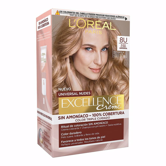 L'Oréal Paris EXCELLENCE NUDES tinte #8u-light blonde 5 u, Tinte Sin Amoniaco, Rubio Claro, 5 unidades