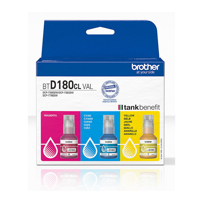 Brother BTD180CLVAL Multipack de Botellas de Tinta Cian, Magenta y Amarillo