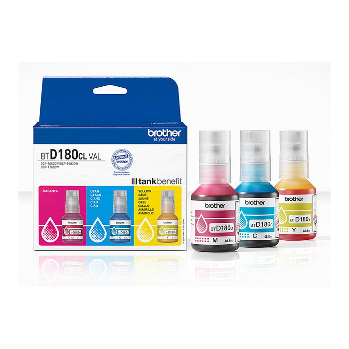 Brother BTD180CLVAL Multipack de Botellas de Tinta Cian, Magenta y Amarillo