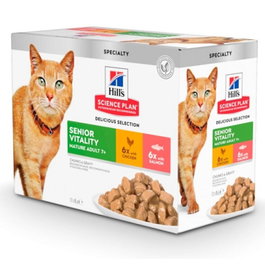 Hill's Alimento Húmedo para Gato Senior Vitality 7+ Sabor Pollo y Salmón, Pack de 12 Latas de 85 gr cada una