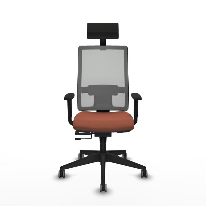 Silla de oficina Horna con mecanismo Sincro/Traslack tapizada con Tela color Marrón y malla color Gris. Equipada con lumbar 1D, Brazos 1D, Cabecero Fijo y Ruedas 65 mm parqué