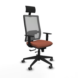 Silla de oficina Horna con mecanismo Sincro/Traslack tapizada con Tela color Marrón y malla color Gris. Equipada con lumbar 1D, Brazos 1D, Cabecero Fijo y Ruedas 65 mm parqué