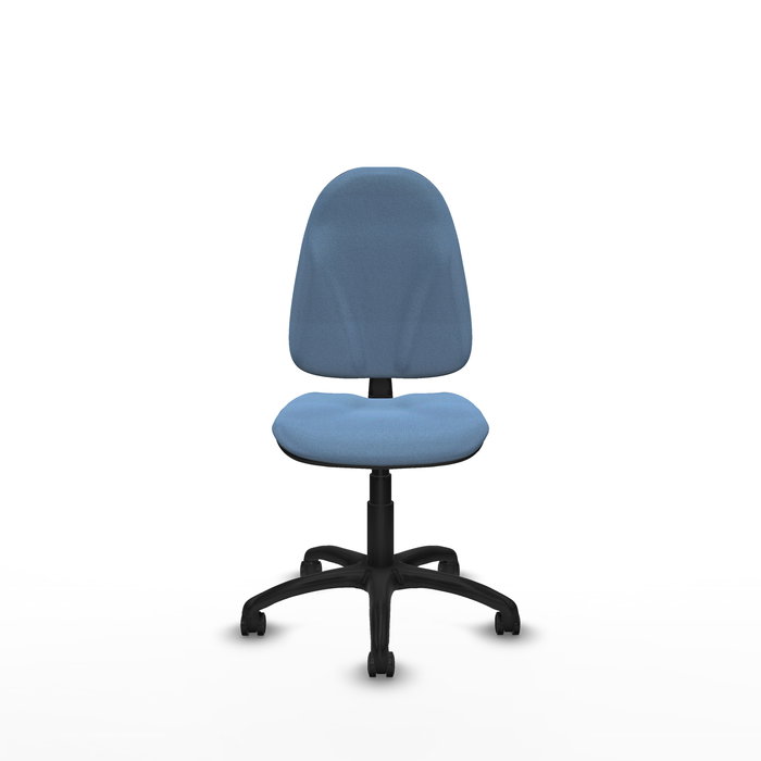Silla de oficina Algarra con mecanismo Contacto permanente básico tapizada con Tela color Azul cielo. Equipada con Base poliamida negra, Sin brazos y Ruedas de parqué