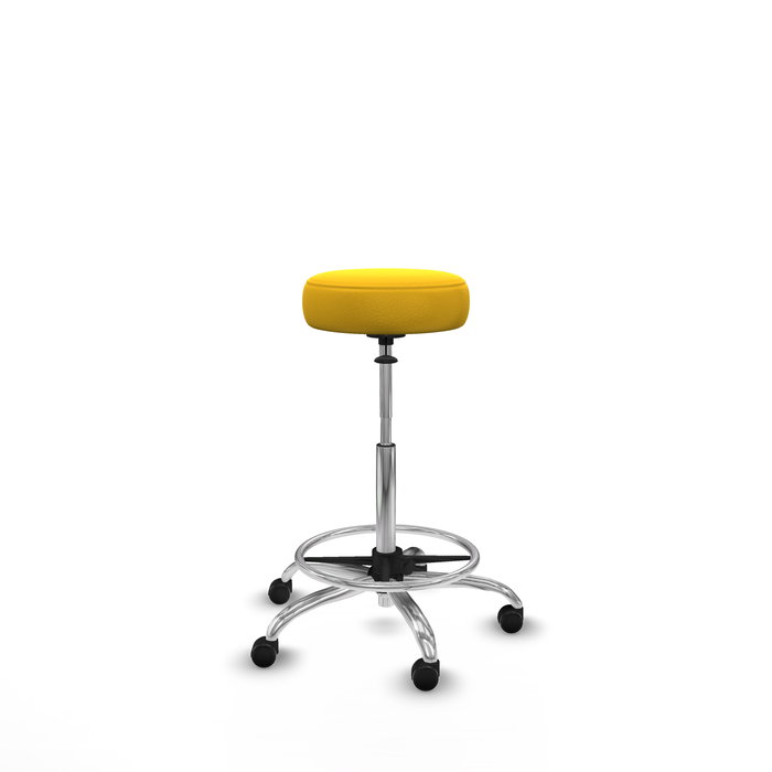 Taburete Tolosa con mecanismo Giratorio tapizada con Similpiel color No aplica y malla color Amarillo. Equipado con Base cromada, Sin brazos y Ruedas de parqué