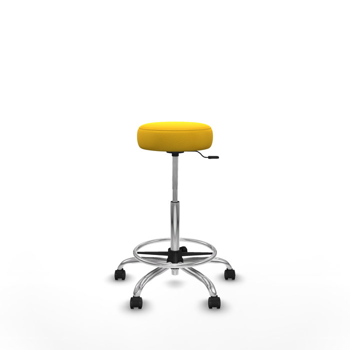 Taburete Tolosa con mecanismo Giratorio tapizada con Similpiel color No aplica y malla color Amarillo. Equipado con Base cromada, Sin brazos y Ruedas de parqué