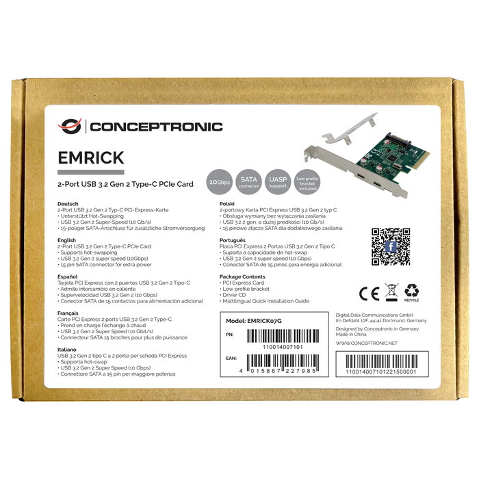 Conceptronic EMRICK07G Tarjeta de Expansión PCIe x4 con 2 Puertos USB-C 3.2 Gen 2 Conceptronic EMRICK07G Tarjeta de Expansión PCIe x4 con 2 Puertos USB-C 3.2 Gen 2