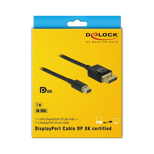 DeLOCK Cable Mini DisplayPort a DisplayPort 8K 60Hz 1m DP 1.4 Certificado 32.4 Gbit/s 7680x4320