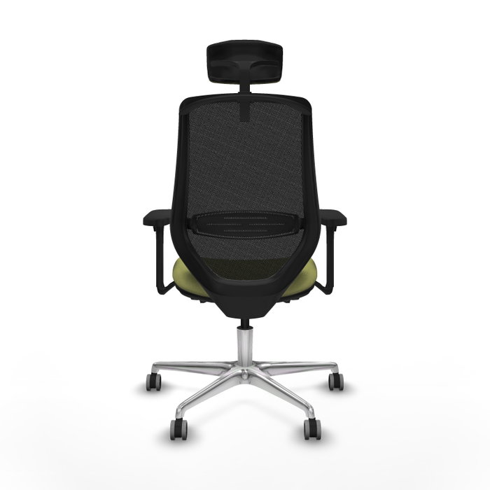 Silla de oficina Mardos con mecanismo Sincro/Traslack tapizada con Tela color Verde oliva y malla color Negro. Equipada con lumbar 1D, Brazos 3D, Cabecero 2D y Ruedas 65 mm parqué