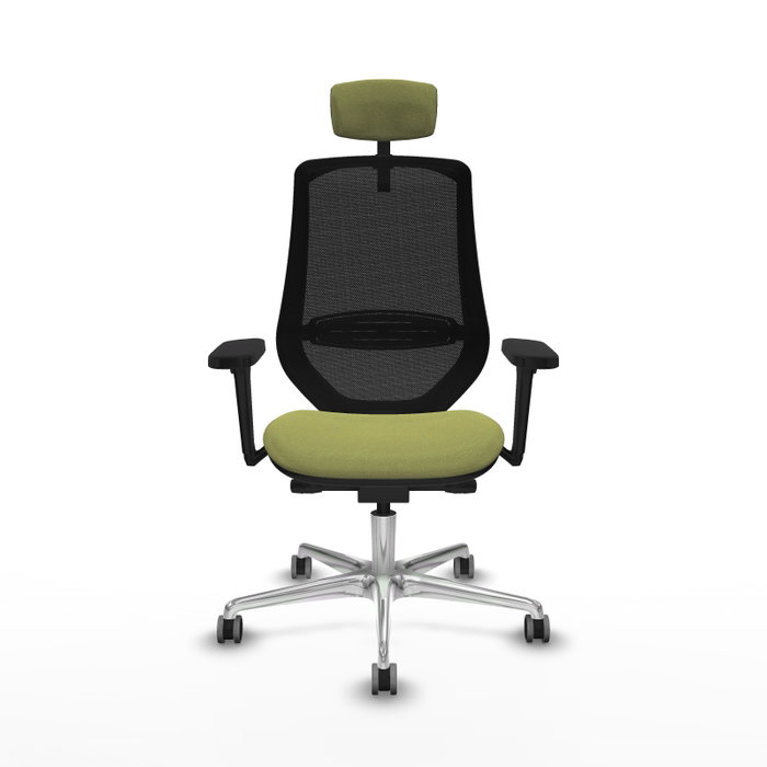 Silla de oficina Mardos con mecanismo Sincro/Traslack tapizada con Tela color Verde oliva y malla color Negro. Equipada con lumbar 1D, Brazos 3D, Cabecero 2D y Ruedas 65 mm parqué