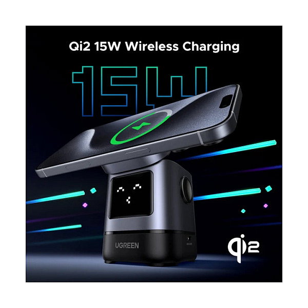 Ugreen Uno W709 Estación de Carga Inalámbrica 2 en 1 Qi2 Negro y Gris