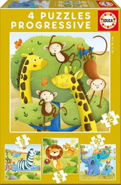 EDUCA BORRAS Animales salvajes 4 puzzles progresivos de 12, 16, 20 y 25 piezas