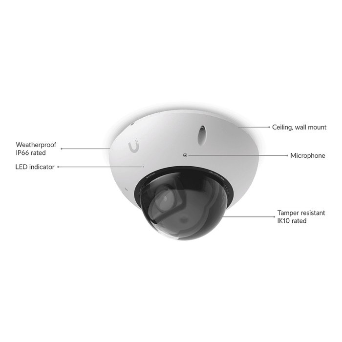 Ubiquiti UVC-G6-PRO-DOME-W Cámara de Seguridad IP Blanca, 8MP 4K, Visión Nocturna, Zoom Óptico 2.36x, PoE+, Interior/Exterior IP66