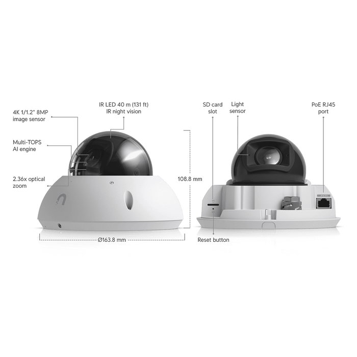 Ubiquiti UVC-G6-PRO-DOME-W Cámara de Seguridad IP Blanca, 8MP 4K, Visión Nocturna, Zoom Óptico 2.36x, PoE+, Interior/Exterior IP66