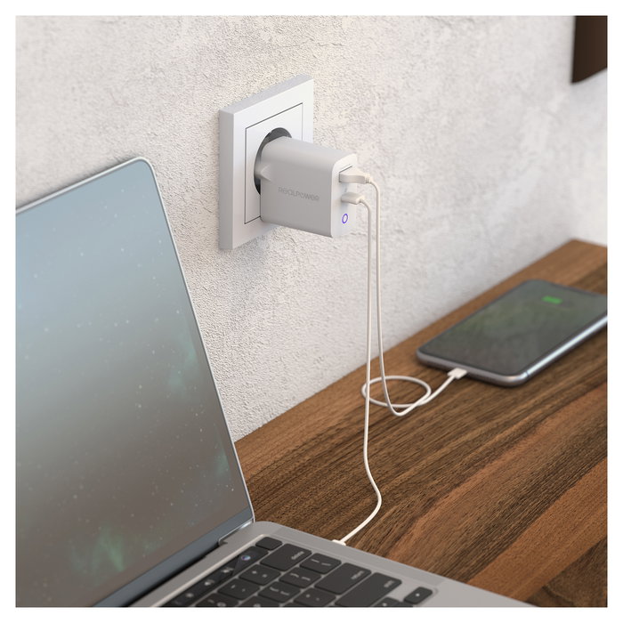 RealPower PC-65 GaN Cargador Interno 65W con Puerto USB-C, Carga Rápida, Blanco