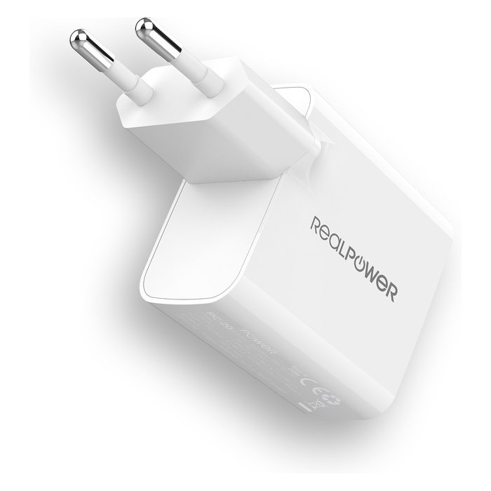 RealPower PC-65 GaN Cargador Interno 65W con Puerto USB-C, Carga Rápida, Blanco