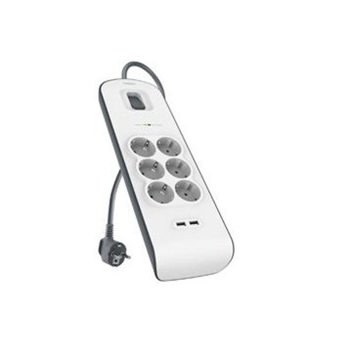 Belkin Regleta de Protección contra Sobretensiones con 6 Tomas y 2 Puertos USB, 2m, Blanco/Gris Belkin Regleta de Protección contra Sobretensiones con 6 Tomas y 2 Puertos USB, 2m, Blanco/Gris