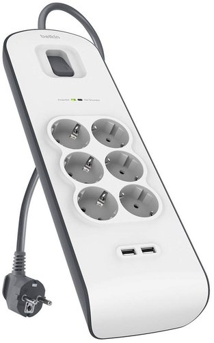 Belkin Regleta de Protección contra Sobretensiones con 6 Tomas y 2 Puertos USB, 2m, Blanco/Gris Belkin Regleta de Protección contra Sobretensiones con 6 Tomas y 2 Puertos USB, 2m, Blanco/Gris