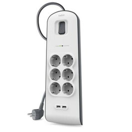 Belkin Regleta de Protección contra Sobretensiones BSV604VF2M con 6 Tomas y 2 Puertos USB, Blanco-Gris