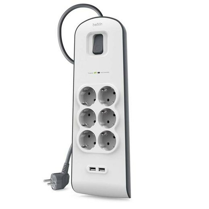 Belkin Regleta de Protección contra Sobretensiones con 6 Tomas y 2 Puertos USB, 2m, Blanco/Gris Belkin Regleta de Protección contra Sobretensiones con 6 Tomas y 2 Puertos USB, 2m, Blanco/Gris