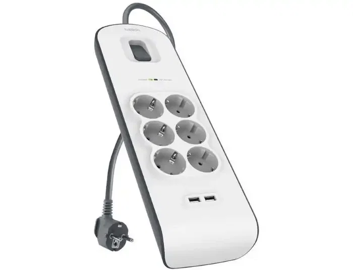 Belkin Regleta de Protección contra Sobretensiones con 6 Tomas y 2 Puertos USB, 2m, Blanco/Gris Belkin Regleta de Protección contra Sobretensiones con 6 Tomas y 2 Puertos USB, 2m, Blanco/Gris