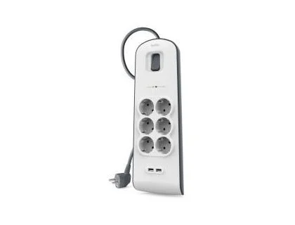 Belkin Regleta de Protección contra Sobretensiones con 6 Tomas y 2 Puertos USB, 2m, Blanco/Gris Belkin Regleta de Protección contra Sobretensiones con 6 Tomas y 2 Puertos USB, 2m, Blanco/Gris