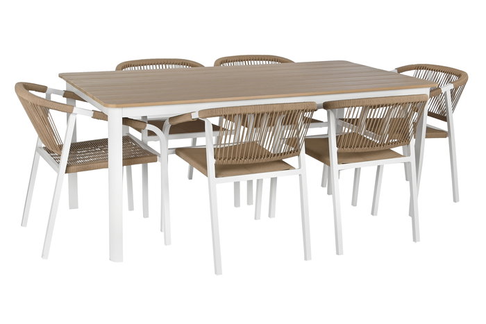DKD Home Decor Mesa Comedor Terraza y Jardín Blanco Natural Aluminio Resina 180 x 90 x 75 cm Set 7 Piezas