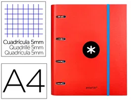 Antartik Carpeta con recambio A4 cuadro 5mm con solapa y 4 anillas 40mm, color rojo