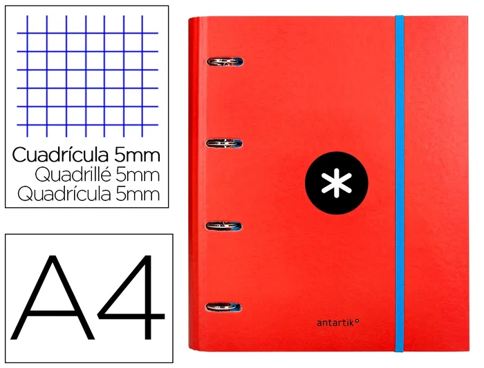 Antartik Carpeta con recambio A4 cuadro 5mm con solapa y 4 anillas 40mm, color rojo Antartik Carpeta con recambio A4 cuadro 5mm con solapa y 4 anillas 40mm, color rojo