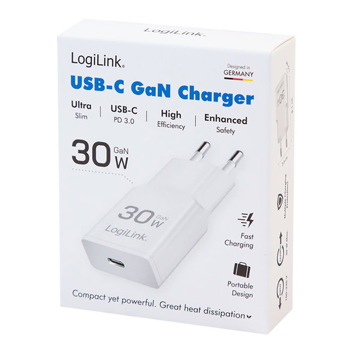 Logilink Cargador USB-C 30W con Tecnología GaN, Cargador Rápido Blanco para Móvil, Tableta, Portátil