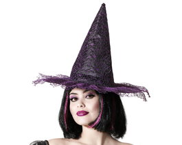 Atosa Sombrero de Bruja Morado con Telaraña en Relieve y Ala Desflecada