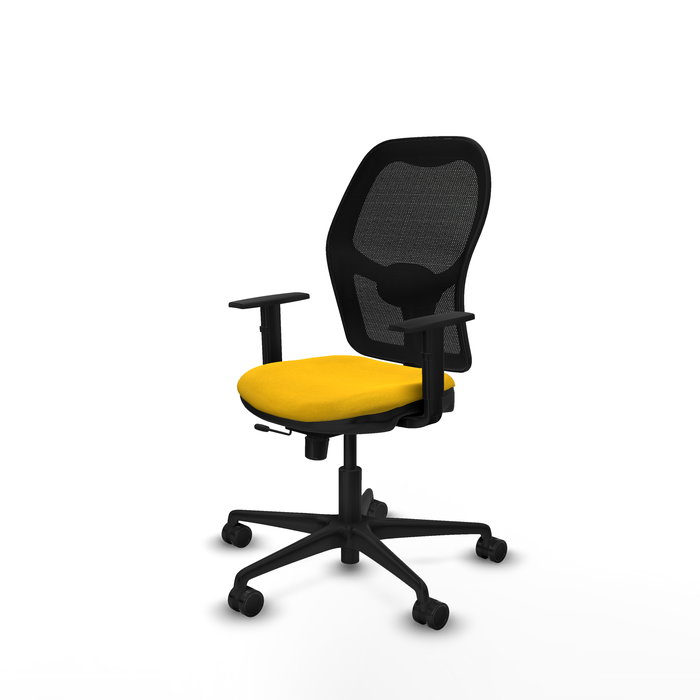 Silla de oficina Jorquera con mecanismo Sincro/Traslack tapizada con Tela color Amarillo y malla color Negro. Equipada con lumbar 1D, Brazos 1D y Ruedas 65mm nailon