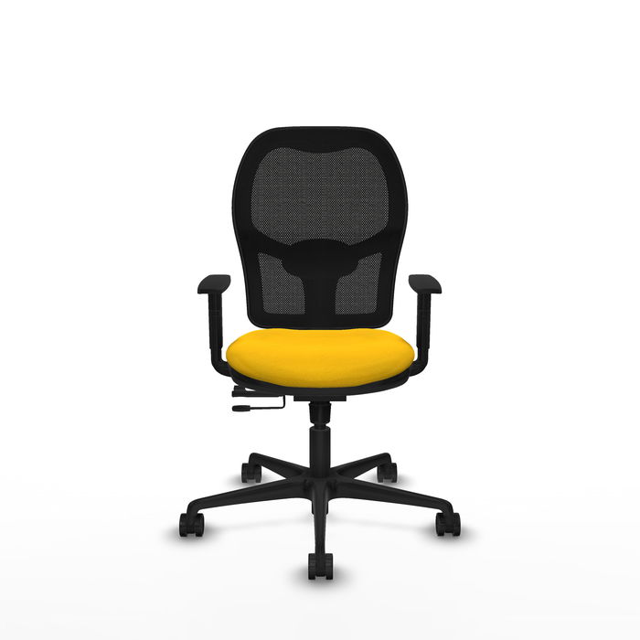Silla de oficina Jorquera con mecanismo Sincro/Traslack tapizada con Tela color Amarillo y malla color Negro. Equipada con lumbar 1D, Brazos 1D y Ruedas 65mm nailon