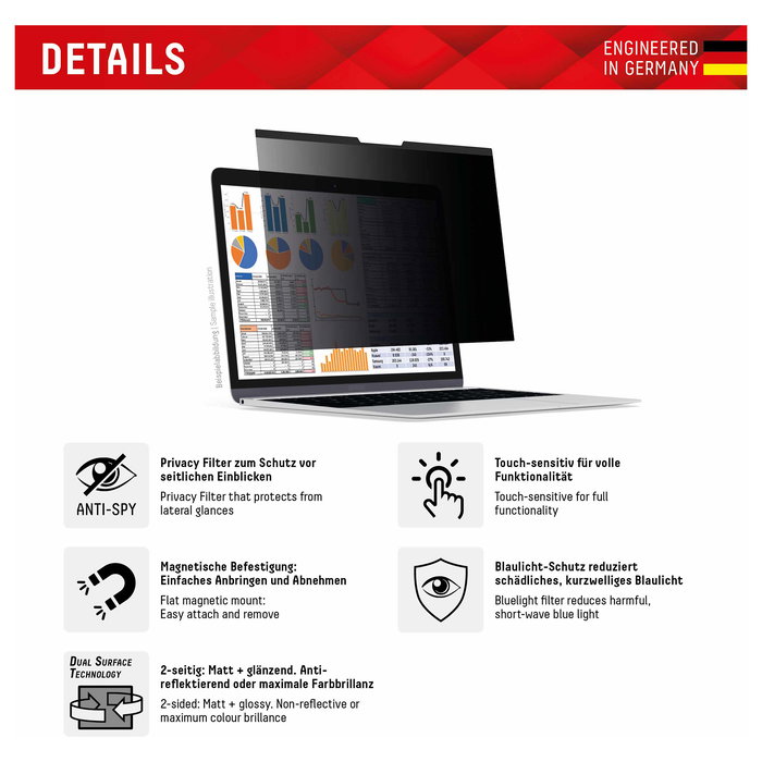 Displex Filtro de Privacidad 01764 para MacBook Air/Pro 13.3", Antirreflectante, Protector Anti-Rayaduras 5H, Filtro Luz Azul 98%, Montaje Magnético, Negro