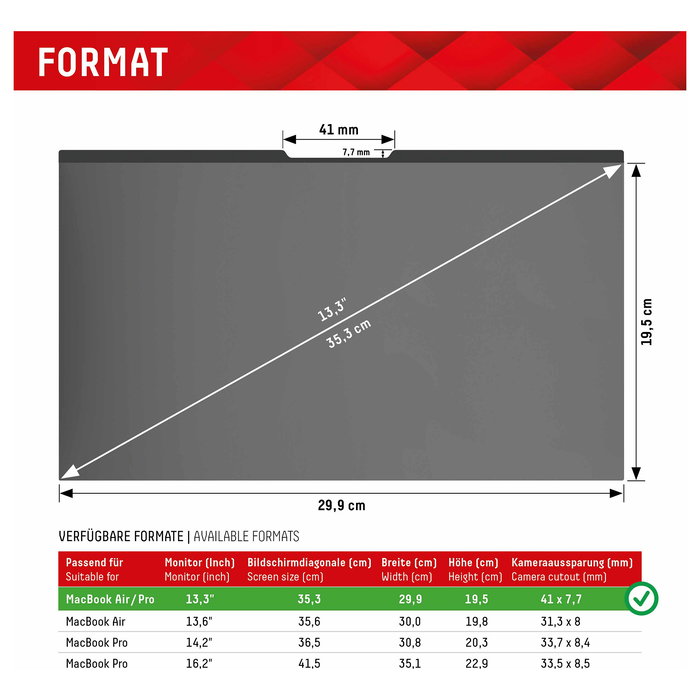 Displex Filtro de Privacidad 01764 para MacBook Air/Pro 13.3", Antirreflectante, Protector Anti-Rayaduras 5H, Filtro Luz Azul 98%, Montaje Magnético, Negro