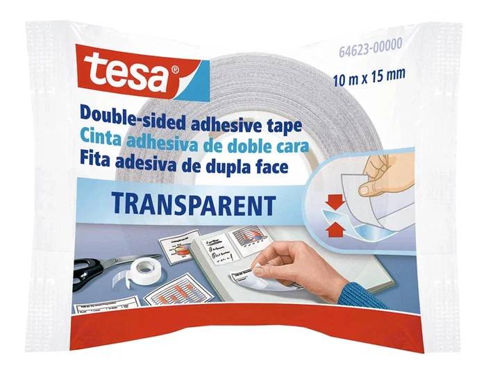 TESA Cinta Adhesiva de Doble Cara Transparente, Adhesivo en Ambas Caras para Pegar o Montar Objetos, 10 m x 15 mm, 10 Metros