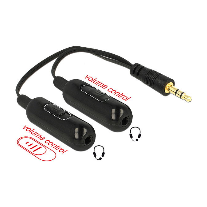 DeLOCK Cable Adaptador Splitter de Audio 3,5 mm Macho a 2 x 3,5 mm Hembra con Control de Volumen, 19 cm, Negro DeLOCK Cable Adaptador Splitter de Audio 3,5 mm Macho a 2 x 3,5 mm Hembra con Control de Volumen, 19 cm, Negro