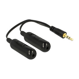 DeLOCK Cable Adaptador Splitter de Audio 3,5 mm Macho a 2 x 3,5 mm Hembra con Control de Volumen, 19 cm, Negro