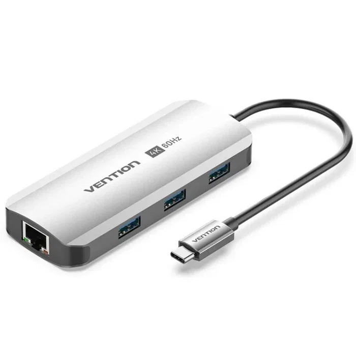 Vention Docking USB-C 6 en 1 Estación de Acoplamiento con 4K HDMI, 100W PD, 3xUSB 3.0, Gigabit RJ45 y Carcasa Aluminio Gris
