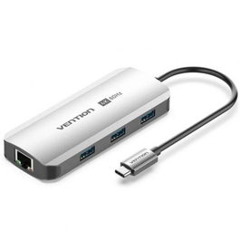 Vention TQHHB - Estación de Acoplamiento USB-C 6 en 1 con HDMI 4K 60Hz, 3 Puertos USB 3.0, PD 100W, RJ45 Gigabit, Aluminio - Color Gris