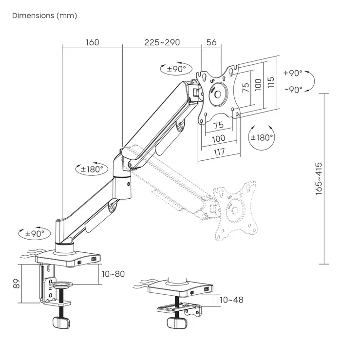 Gembird MA-DA1U-01 Brazo de Montaje de Escritorio con Puertos USB, 17-32 pulgadas