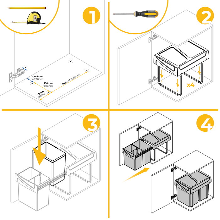 Emuca Contenedor de reciclaje para fijación inferior y extracción manual en mueble de cocina Recycle 2x20litros, Plástico gris antracita