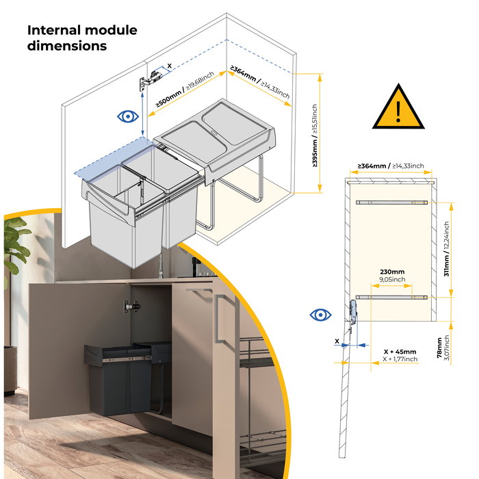 Emuca Contenedor de reciclaje para fijación inferior y extracción manual en mueble de cocina Recycle 2x20litros, Plástico gris antracita